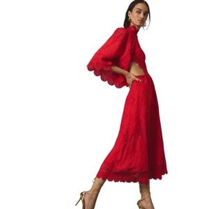 FARM Rio Vibrant Red Lace Midi Dress